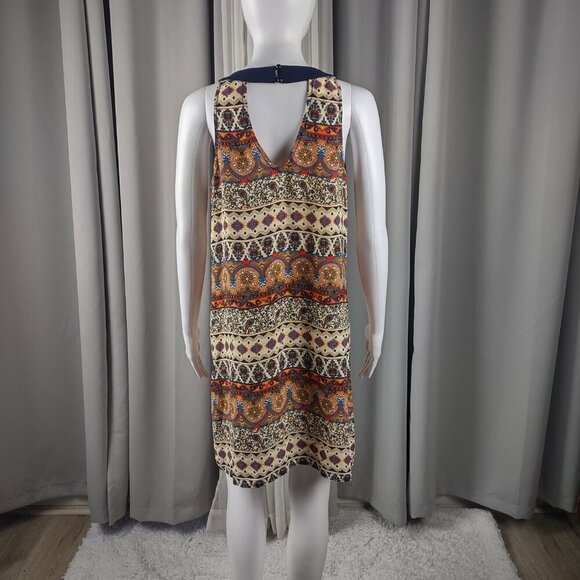 A. Byer Sleeveless Boho Print Shift Dress Navy Trim Keyhole Back Size M - Picture 4 of 13